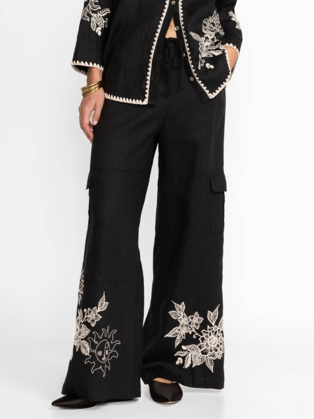 Johnny Was Addison‎ Drawstring Linen Embroidered Wide Leg Cargo Pants Women’s XS